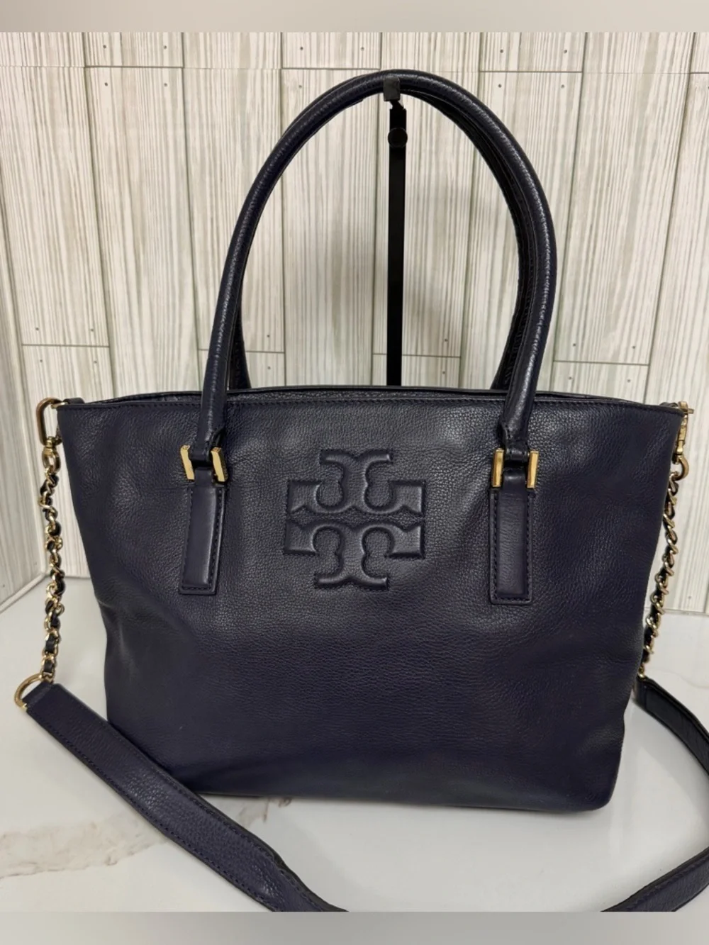 Tory Burch Navy Pebbled Leather shoulder Bag Crossbody Bag